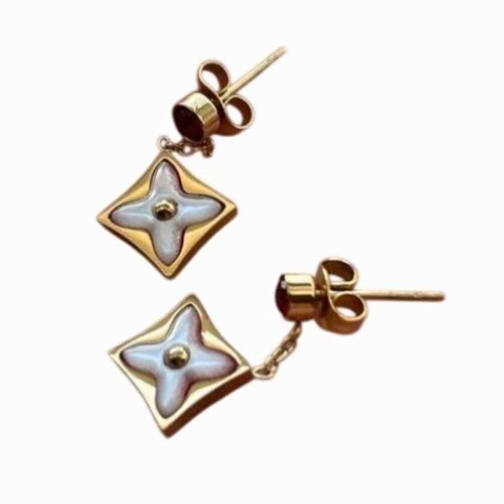 Louis Vuitton 18k Gold & Enamel Flower Drop Earrings Stamped Made In France - Picture 6 of 7